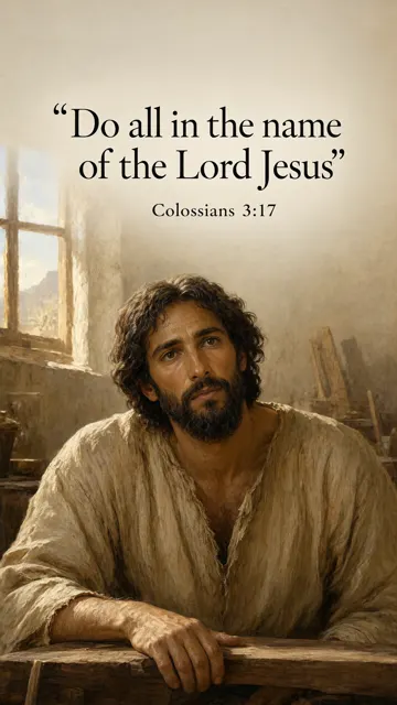Jesus at work in a humble Nazareth workshop, one hand on a timber bench; warm side-window light, walnut and ivory, one continuous indoor oil painting. — Colossians 3:17