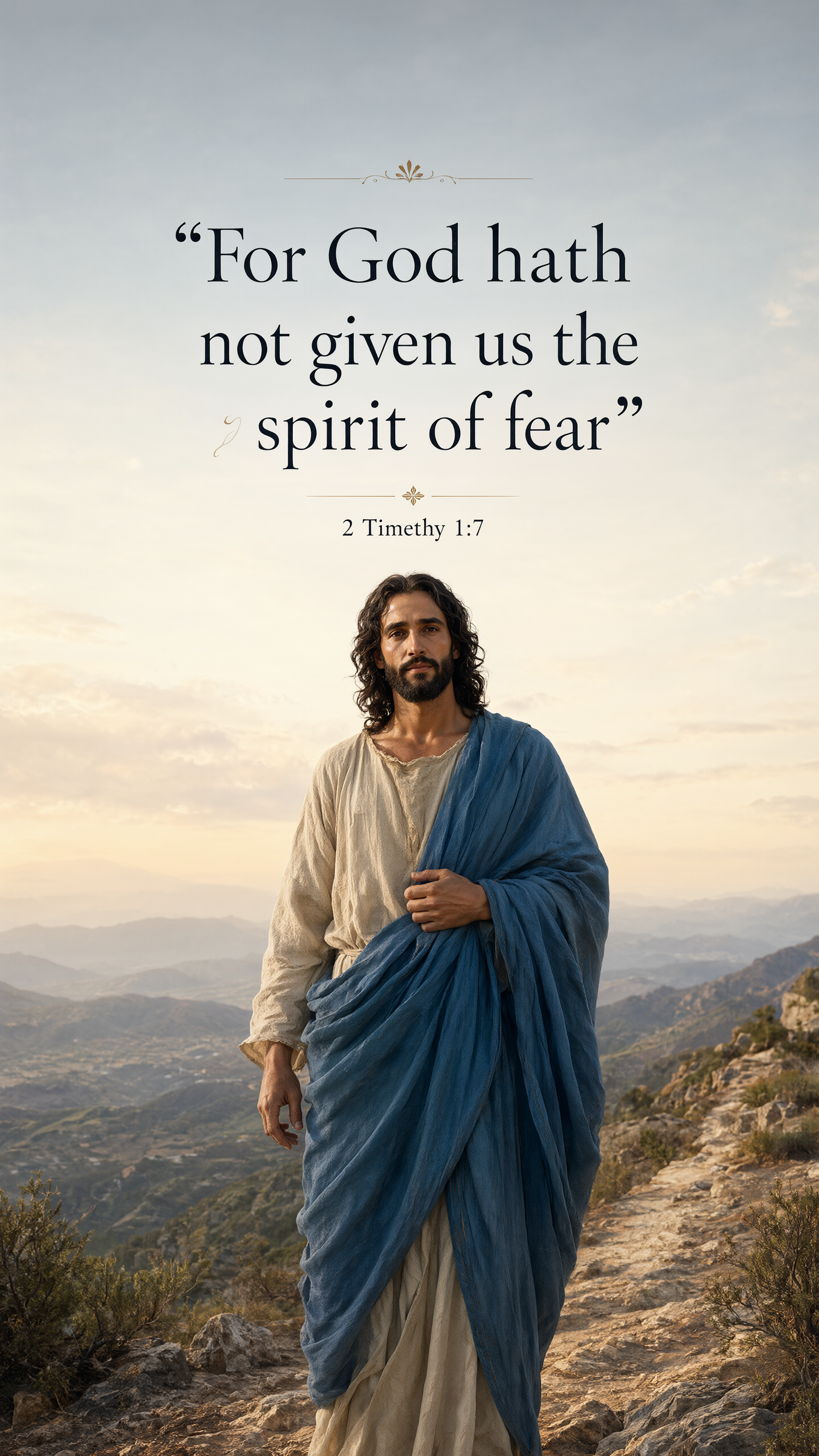 Jesus stands with quiet confidence on a dawn mountain path, blue mantle catching the breeze; pale gold, slate and cream, clear realistic face.