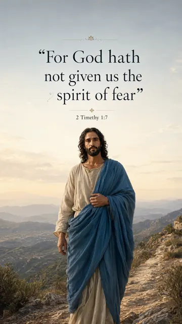Jesus stands with quiet confidence on a dawn mountain path, blue mantle catching the breeze; pale gold, slate and cream, clear realistic face. — 2 Timothy 1:7