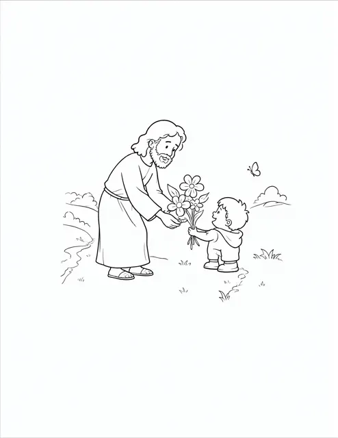 A Child Offers Jesus Flowers