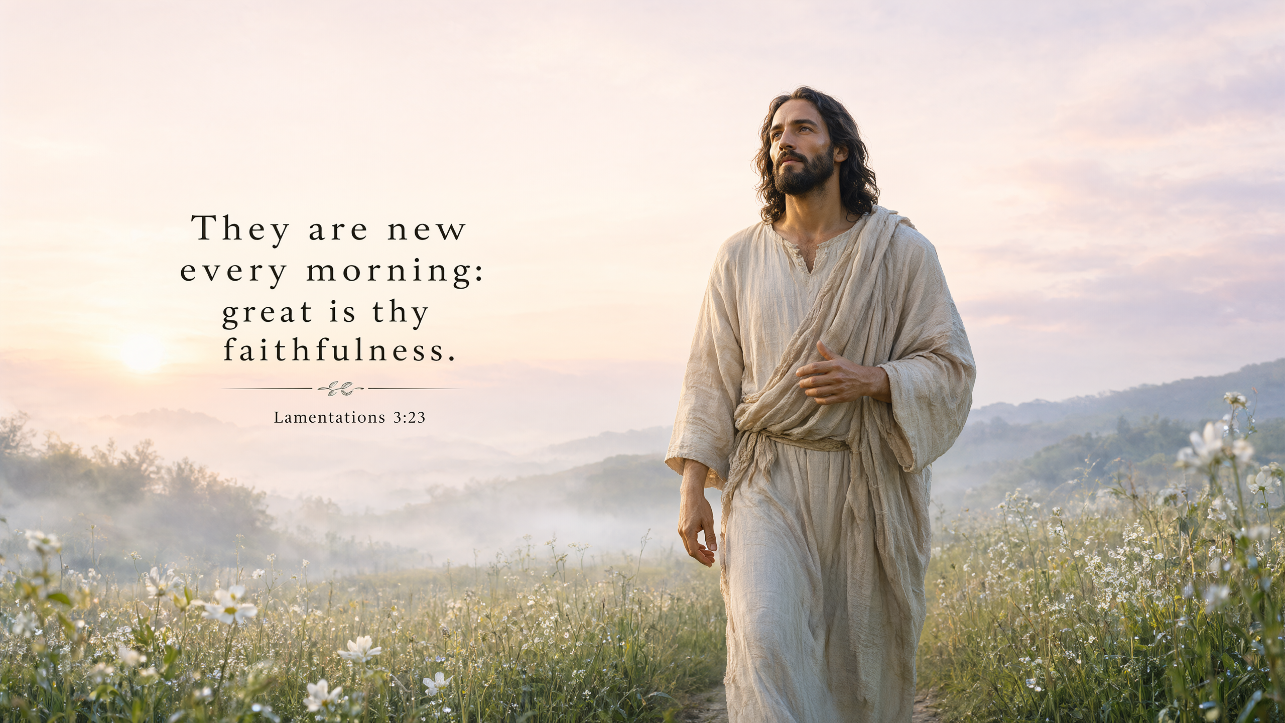 Jesus walks through a dew-covered meadow beneath the first sunrise; white flowers and layered mist, pale peach, lavender and fresh green watercolor realism.