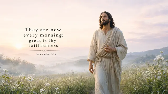 Jesus walks through a dew-covered meadow beneath the first sunrise; white flowers and layered mist, pale peach, lavender and fresh green watercolor realism. — Lamentations 3:23
