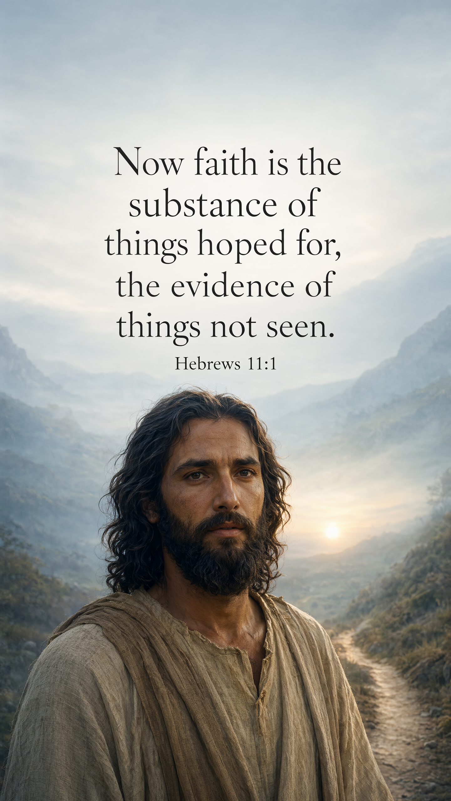 Jesus at the edge of a softly misted valley path, a distant bright horizon beyond unseen ground; ethereal pearl and blue cinematic landscape.