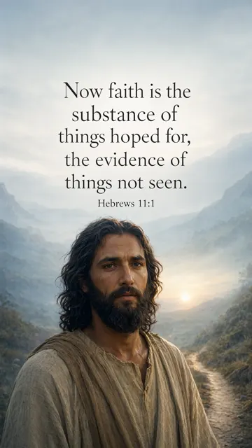 Jesus at the edge of a softly misted valley path, a distant bright horizon beyond unseen ground; ethereal pearl and blue cinematic landscape. — Hebrews 11:1