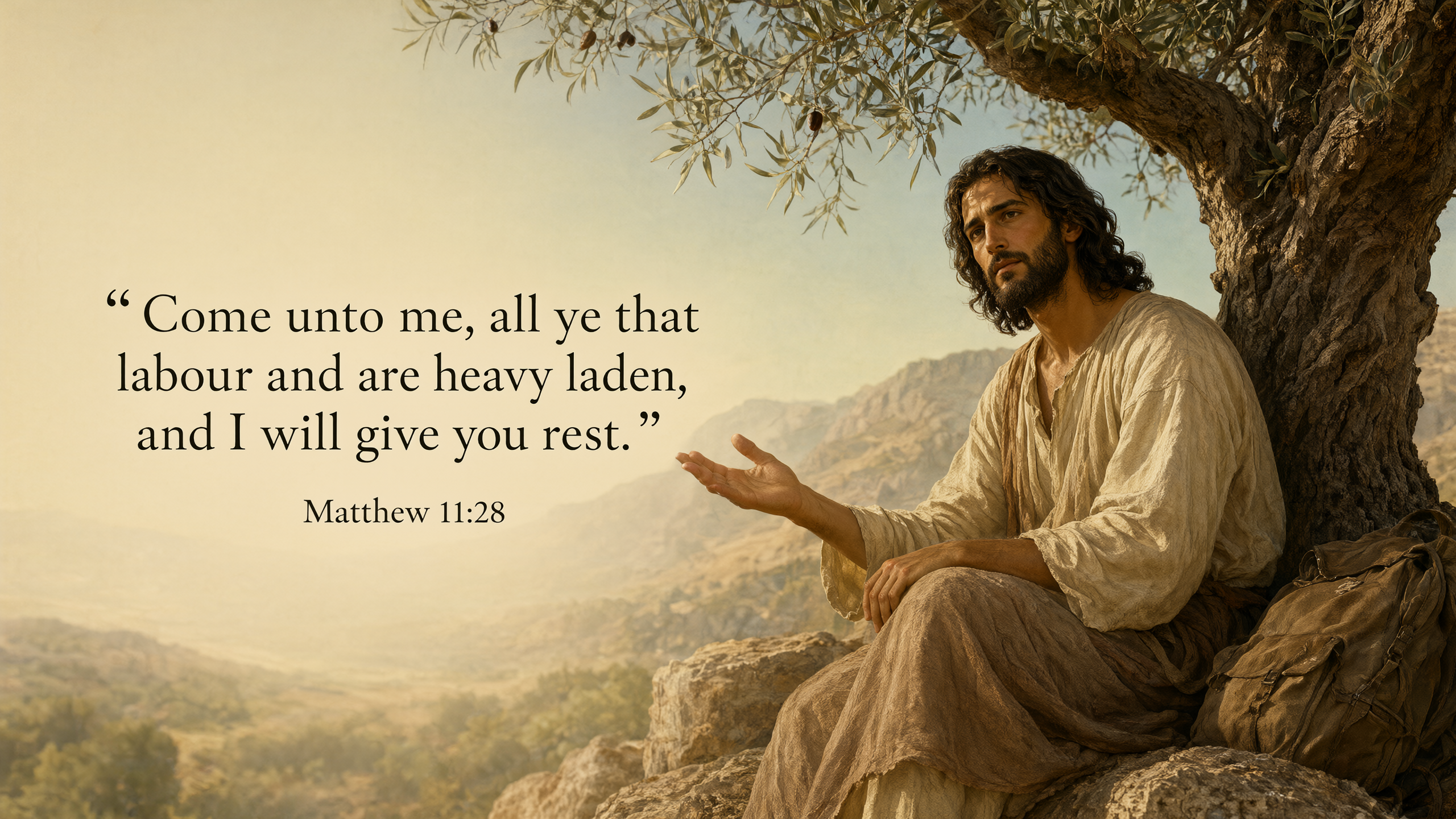 Jesus welcomes a weary traveler beside an olive tree, offering shade and a simple place to sit; warm ochre and sage, compassionate historical painting.
