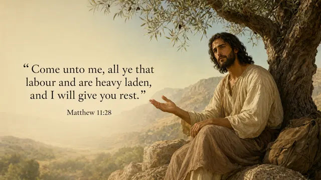 Jesus welcomes a weary traveler beside an olive tree, offering shade and a simple place to sit; warm ochre and sage, compassionate historical painting. — Matthew 11:28