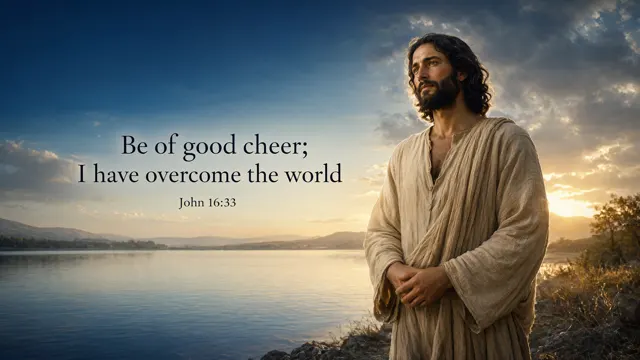 Jesus stands beside calm water as sunlight breaks through a clearing storm; hopeful gold horizon against deep cobalt, cinematic devotional realism. — John 16:33
