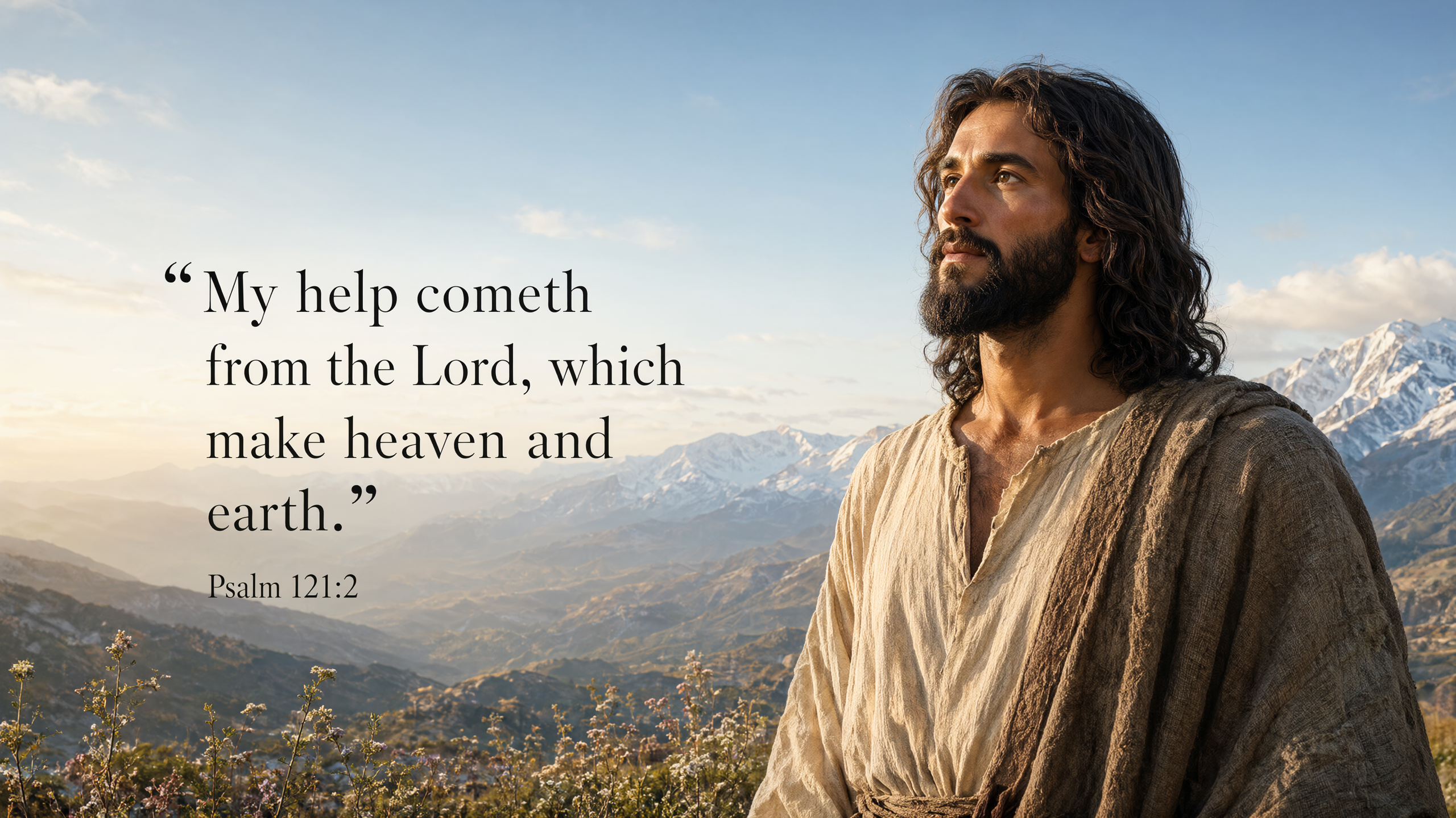 Jesus looks across a vast mountain valley beneath an immense clear sky; tiny flowering plants low, silver-blue peaks and gold dawn, cinematic panorama.