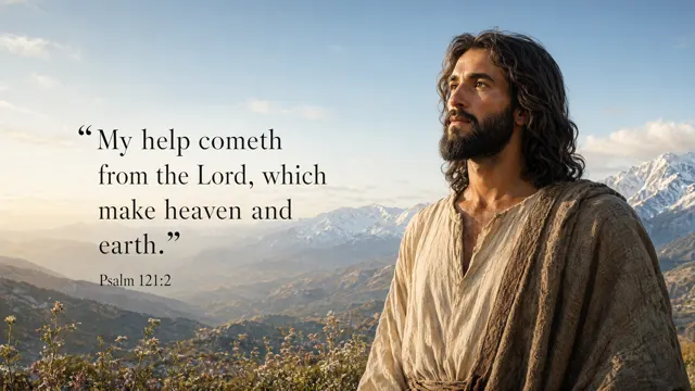 Jesus looks across a vast mountain valley beneath an immense clear sky; tiny flowering plants low, silver-blue peaks and gold dawn, cinematic panorama. — Psalm 121:2