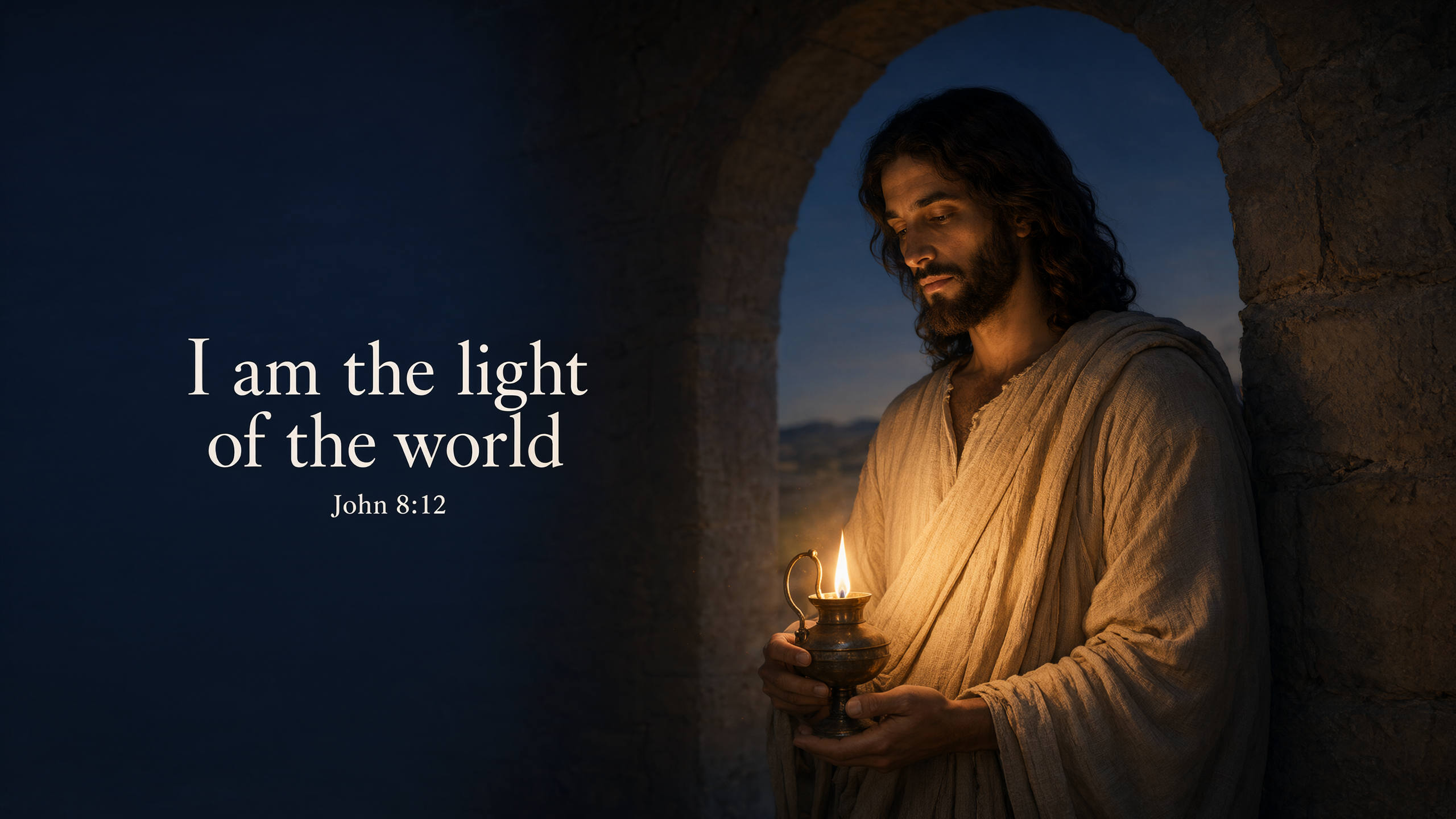 Jesus at a stone archway holding a small oil lamp, its amber light softly illuminating darkness; deep indigo shadows and warm linen, reverent chiaroscuro.