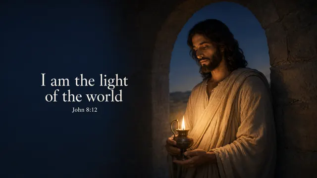 Jesus at a stone archway holding a small oil lamp, its amber light softly illuminating darkness; deep indigo shadows and warm linen, reverent chiaroscuro. — John 8:12