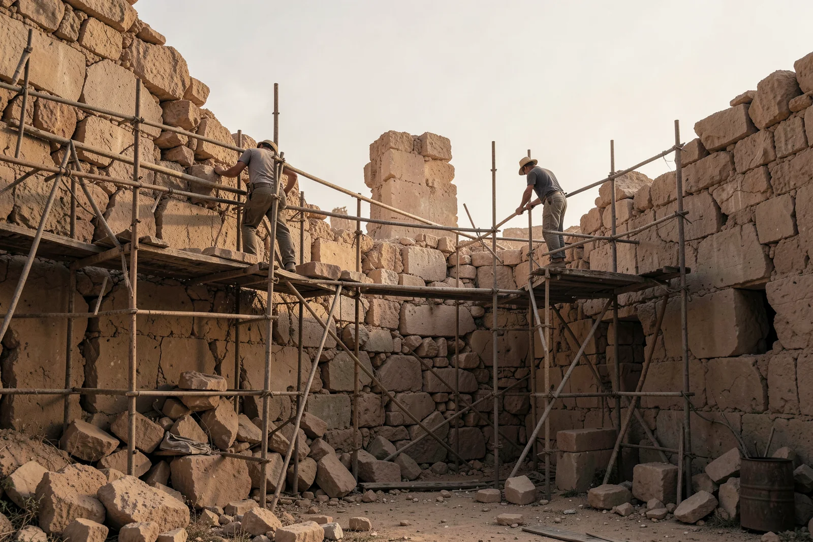 Builders Rebuilding a Wall