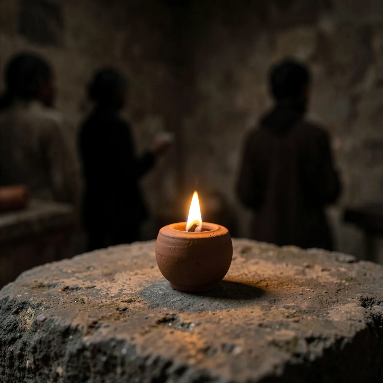 Lit Clay Oil Lamp