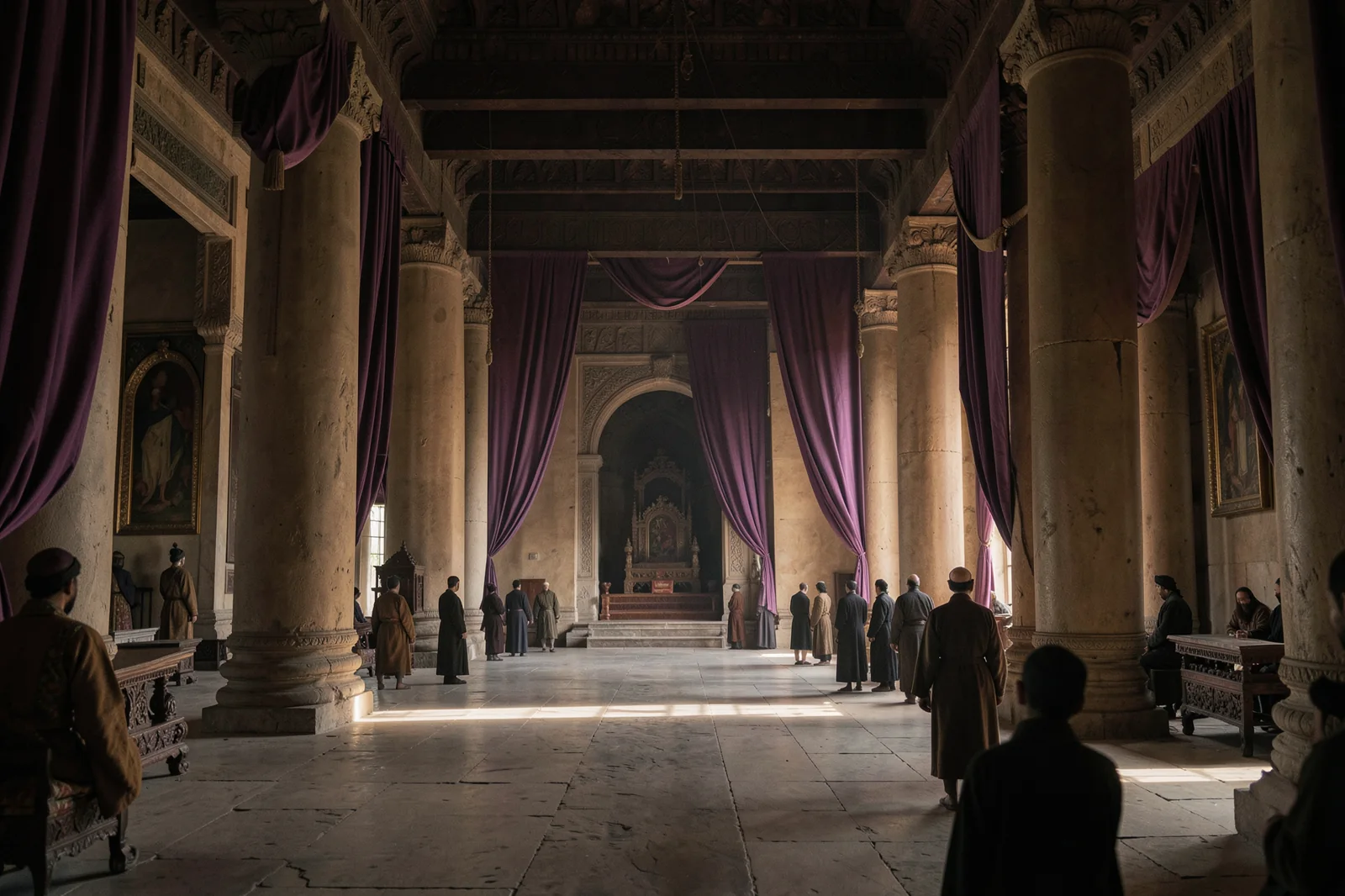 Sala pałacowa z purpurowymi zawieszkami